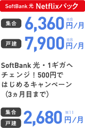 SoftBank 光 Netflixパック 集合 6,360円/月 戸建 7,900円/月 SoftBank 光・1ギガへチェンジ!500円ではじめるキャンペーン(3ヵ月目まで) 集合 戸建 2,680円/月