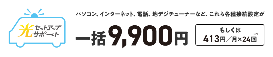 光セットアップサポート パソコン、インターネット、電話、地デジチューナーなど、これら各種接続設定が一括9,900円 もしくは413円/月×24回※1