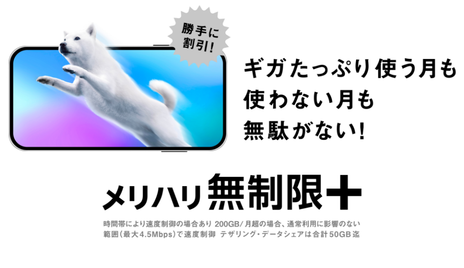 勝手に割引! ギガたっぷり使う月も使わない月も無駄がない! メリハリ無制限+ 時間帯により速度制御の場合あり 200GB/月超の場合、通常利用に影響のない範囲(最大4.5Mbps)で速度制御 テザリング・データシェアは合計50GB迄