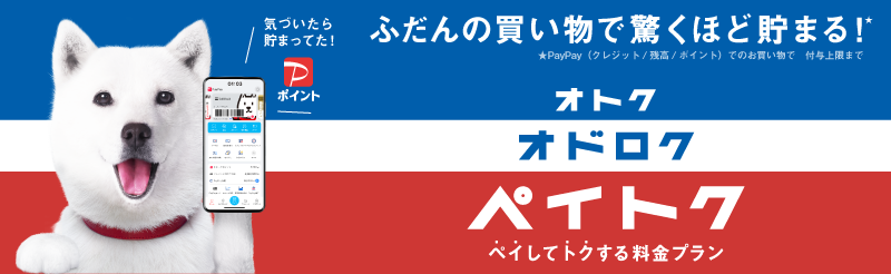 ふだんの買い物で驚くほど貯まる！★ ★PayPay（クレジット／残高／ポイント）でのお買い物で 付与上限まで オドロク オトク ペイトクペイしてトクする料金プラン[詳しくみる]